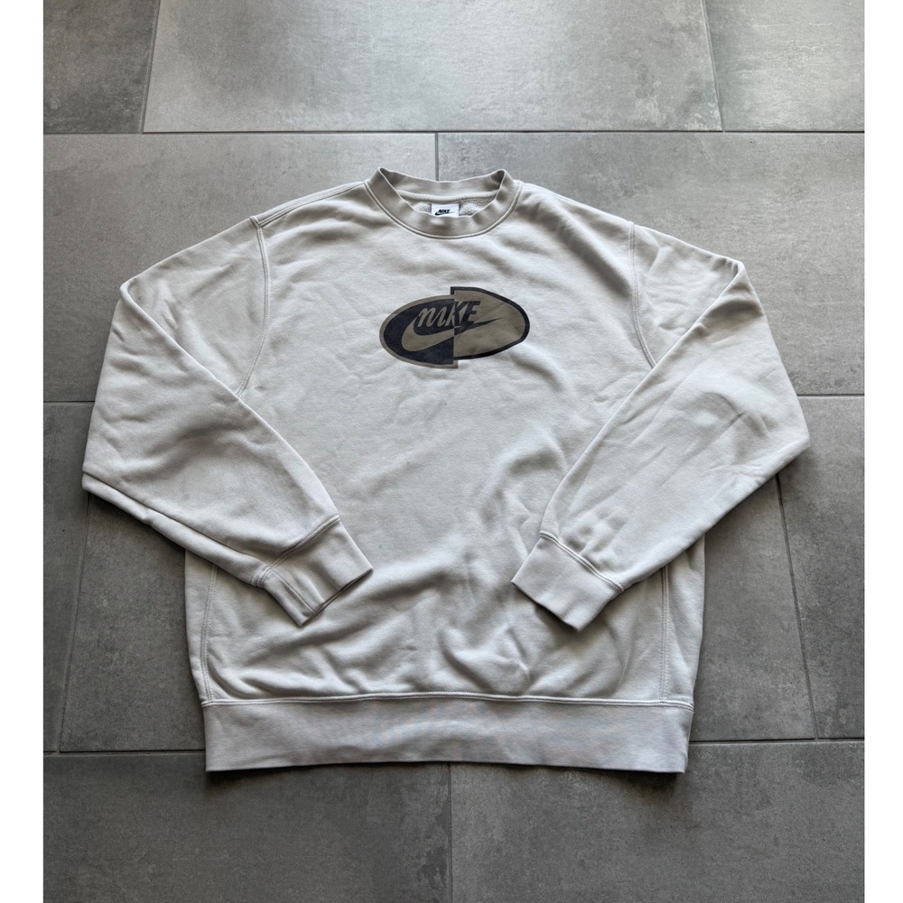 Nike Mens M Cream Off White Graphic Fleece Crewneck Sweatshirt Streetwear Y2K